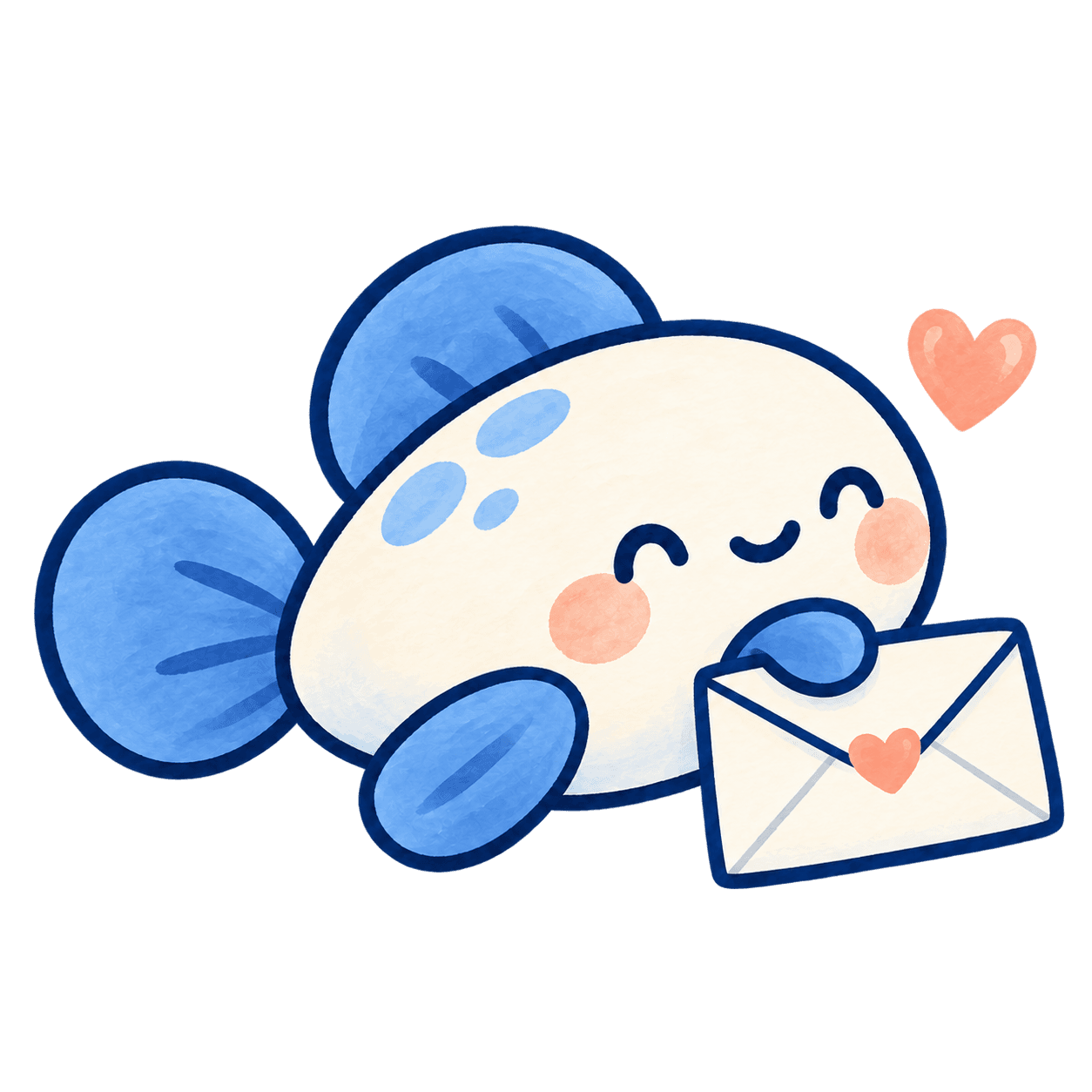 A little blue fish carrying a letter, ready to hear your music
