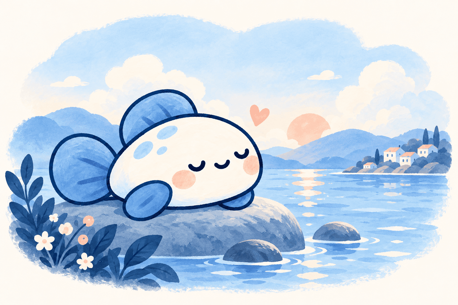 A little blue fish resting beside a peaceful bay